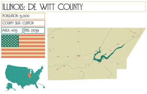 Large and detailed map of De Witt County in Illinois USA. Stock Illustration