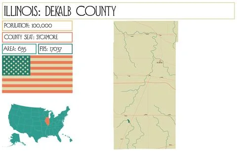 Large and detailed map of DeKalb County in Illinois USA. Stock Illustration
