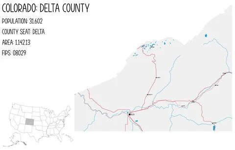 Large and detailed map of Delta County in Colorado, USA. Stock Illustration