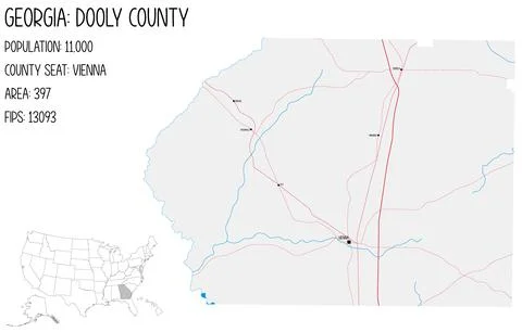 Large and detailed map of Dooly County in Georgia, USA. Stock Illustration