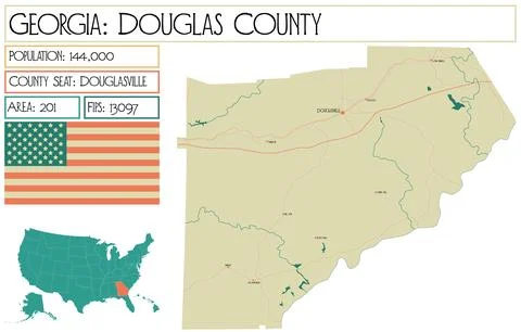 Large and detailed map of Douglas County in Georgia USA. Stock Illustration