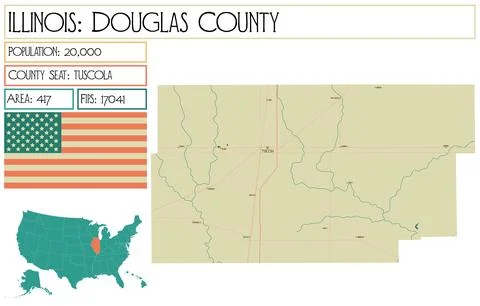 Large and detailed map of Douglas County in Illinois USA. Stock Illustration