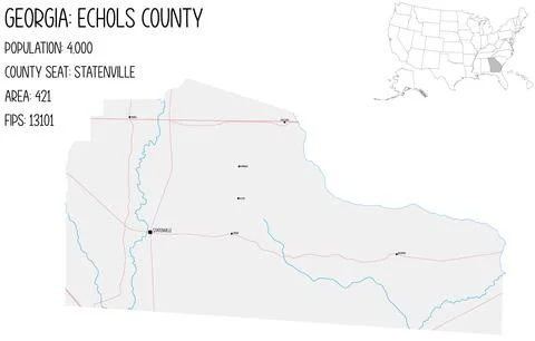 Large and detailed map of Echols County in Georgia, USA. Stock Illustration