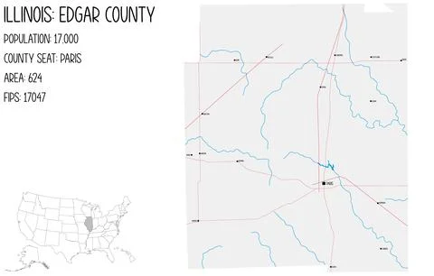 Large and detailed map of Edgar County in Illinois, USA. Illustrazione stock