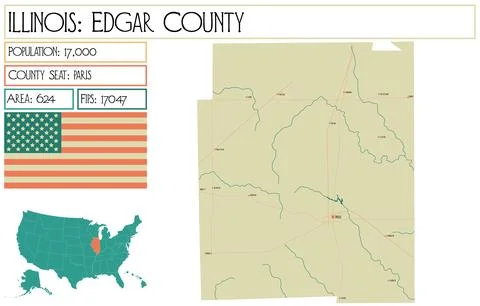 Large and detailed map of Edgar County in Illinois USA. 库存插图