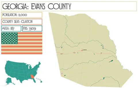 Large and detailed map of Evans County in Georgia USA. Stock Illustration