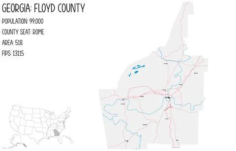 Large and detailed map of Floyd County in Georgia, USA. Illustrazione stock