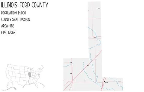 Large and detailed map of Ford County in Illinois, USA. Stock Illustration
