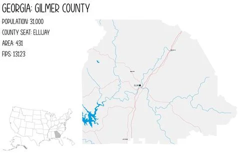 Large and detailed map of Gilmer County in Georgia, USA. Illustrazione stock