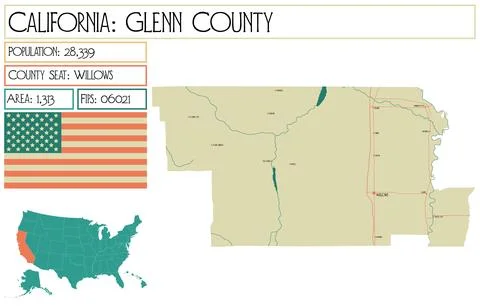 Large and detailed map of Glenn County in California, USA. Stock Illustration
