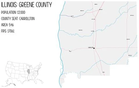 Large and detailed map of Greene County in Illinois, USA. Stock Illustration