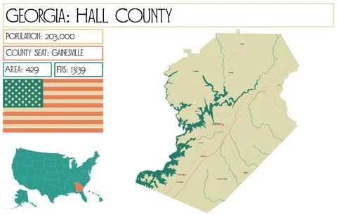 Large and detailed map of Hall County in Georgia USA. Stock Illustration