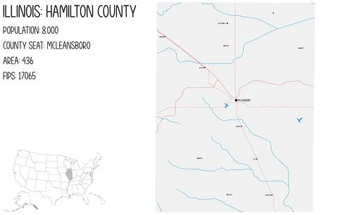 Large and detailed map of Hamilton County in Illinois, USA. Stock Illustration