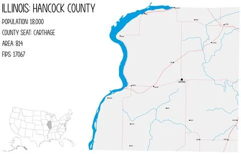 Large and detailed map of Hancock County in Illinois, USA. Stock Illustration