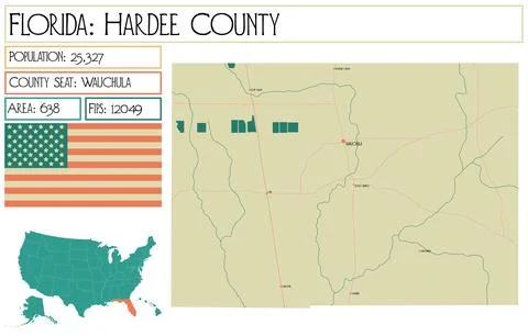 Large and detailed map of Hardee County in Florida USA. Stock Illustration