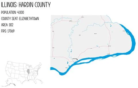 Large and detailed map of Hardin County in Illinois, USA. Stock Illustration