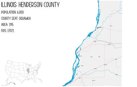 Large and detailed map of Henderson County in Illinois, USA. Stock Illustration