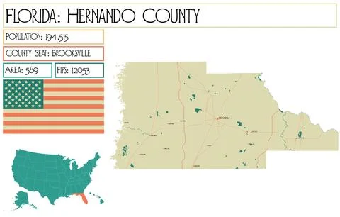 Large and detailed map of Hernando County in Florida USA. Stock Illustration