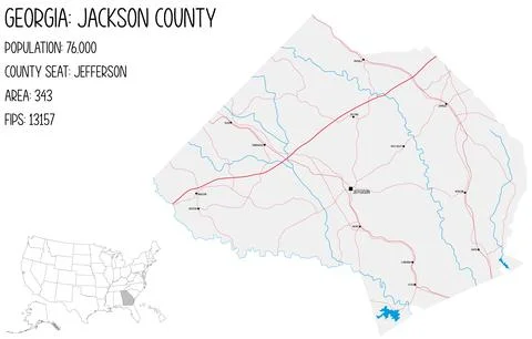 Large and detailed map of Jackson County in Georgia, USA. Illustrazione stock