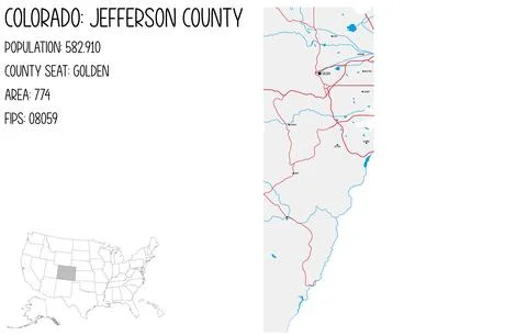 Large and detailed map of Jefferson County in Colorado, USA. Stock Illustration