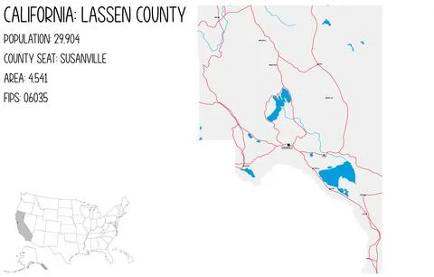 Large and detailed map of Lassen County in California, USA. Stock Illustration