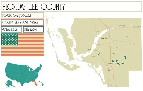 Large and detailed map of Lee County in Florida USA. Stock Illustration