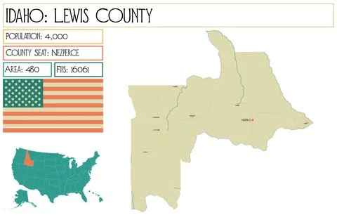 Large and detailed map of Lewis County in Idaho USA. Stock Illustration