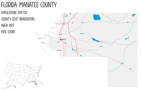 Large and detailed map of Manatee County in Florida, USA. Stock Illustration
