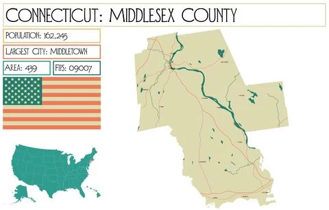 Large and detailed map of Middlesex County in Connecticut USA. Stock Illustration