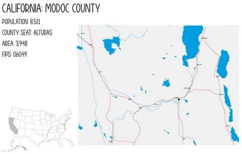 Large and detailed map of Modoc County in California, USA. Illustrazione stock