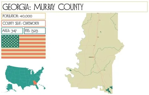 Large and detailed map of Murray County in Georgia USA. Stock Illustration