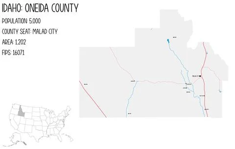 Large and detailed map of Oneida County in Idaho, USA. Stock Illustration
