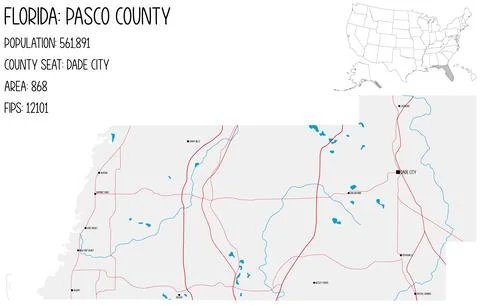 Large and detailed map of Pasco County in Florida, USA. 스톡 일러스트