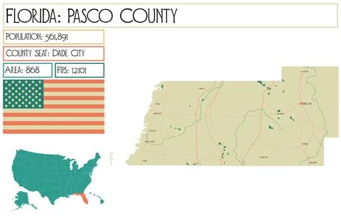 Large and detailed map of Pasco County in Florida USA. 스톡 일러스트