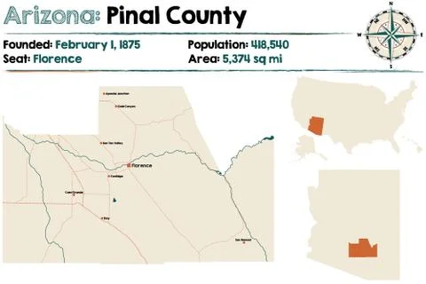 Large and detailed map of Pinal county in Arizona Stock Illustration