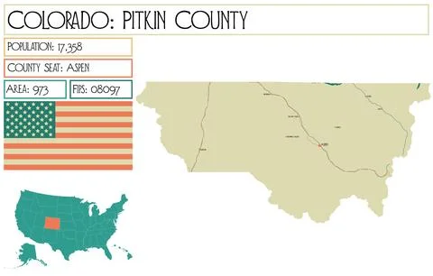 Large and detailed map of Pitkin County in Colorado USA. Stock Illustration