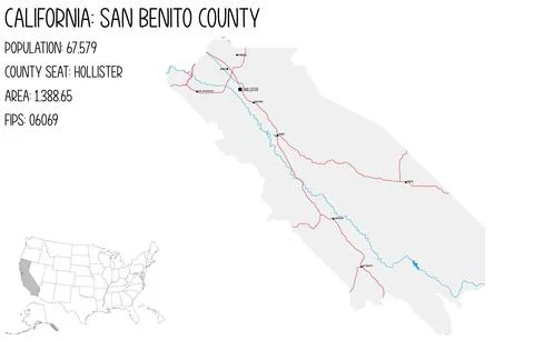 Large and detailed map of San Benito County in California, USA. Stock Illustration