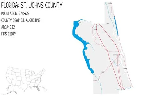 Large and detailed map of St. Johns County in Florida, USA. 스톡 일러스트