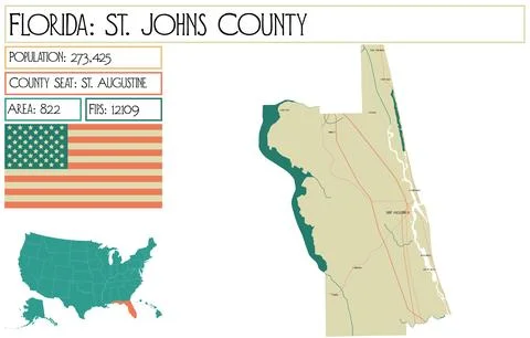 Large and detailed map of St. Johns County in Florida USA. Stock Illustration