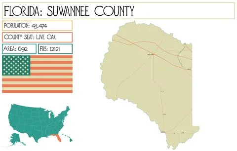 Large and detailed map of Suwannee County in Florida USA. Stock Illustration