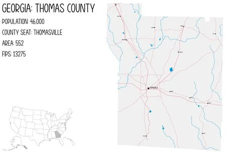 Large and detailed map of Thomas County in Georgia, USA. Stock Illustration
