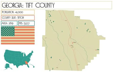 Large and detailed map of Tift County in Georgia USA. Stock Illustration