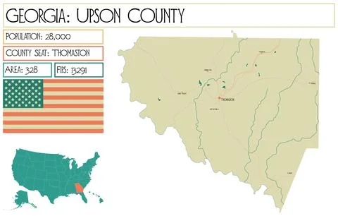 Large and detailed map of Upson County in Georgia USA. Illustrazione stock