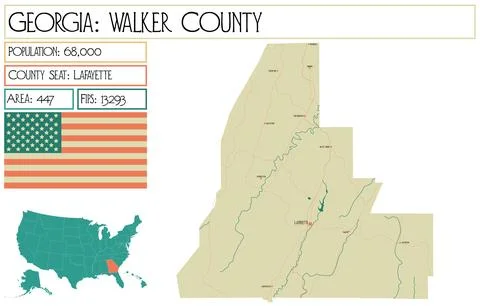 Large and detailed map of Walker County in Georgia USA. Stock Illustration