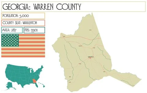 Large and detailed map of Warren County in Georgia USA. Stock Illustration