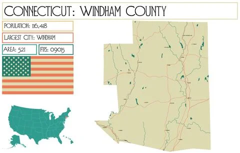 Large and detailed map of Windham County in Connecticut USA. Stock Illustration
