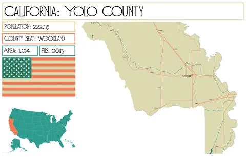Large and detailed map of Yolo County in California USA. Stock Illustration
