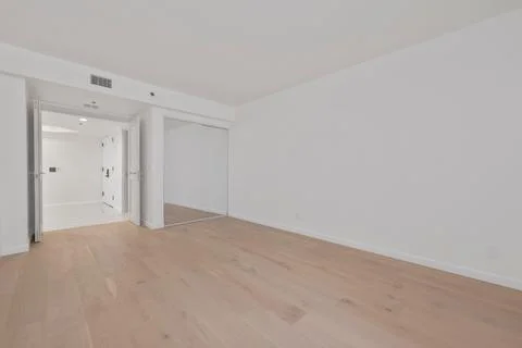 Large and empty room with white walls, wardrobe with a mirror and a wooden floor Stock Illustration