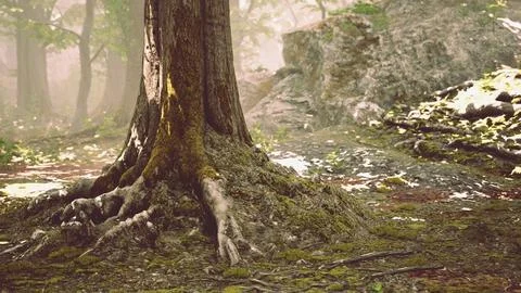 Large and long tree roots with moss Stock Illustration