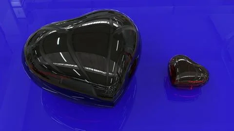 Large and small dark red hearts on a blue reflective surface. Glass hearts.  Stock Illustration